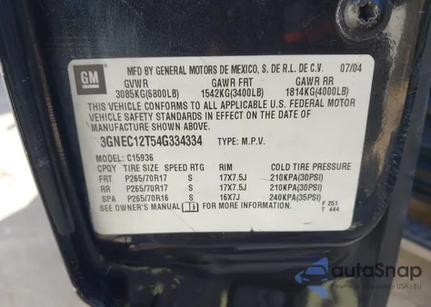 2004 Chevrolet Avalanche 1500 из США, поврежденный, VIN 3GNEC12T54G334334